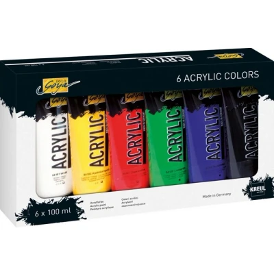 Abbildung von KREUL 84160 Solo Goya Acrylic im Set, 6 Farben je 100 ml, cremige vielseitig einsetzbare Acrylfarbe in Studienqualität, auf Wasserbasis, schnell und matt trocknend, gut deckend, wasserfest