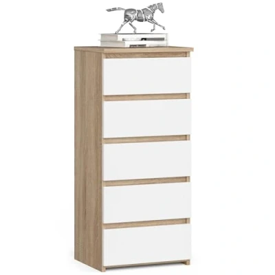 Abbildung von AKORD Kommode mit 5 Schubladen Rollschubladen Schubladenschrank Kleiderschrank Sideboard Ablage Robust Universal Design Sonoma Eiche Weiß