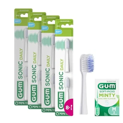 Abbildung von GUM Sonic Daily Ersatzbürstenköpfe für Schallzahnbürste/Weiche, mikrofeine Borsten eine sanfte, gründliche Reinigung, jeden Tag / 4 x 2 Stück (Weiß) +1 Gratisprobe
