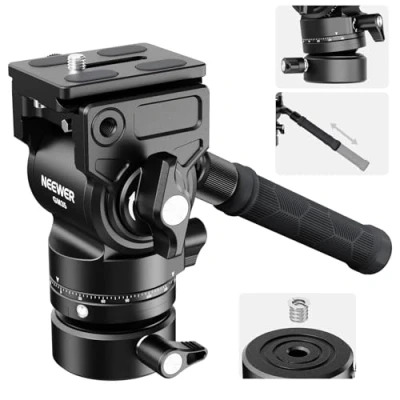 Abbildung von NEEWER Videostativ Fluidkopf mit +/ 7 Nivellierbasis (φ48mm), Mini Schwenk Neige Videokopfhalterung aus Metall Arca QR Platte, Teleskopgriff für kompakte Videokamera DSLR Kamera max Last 5kg GM35