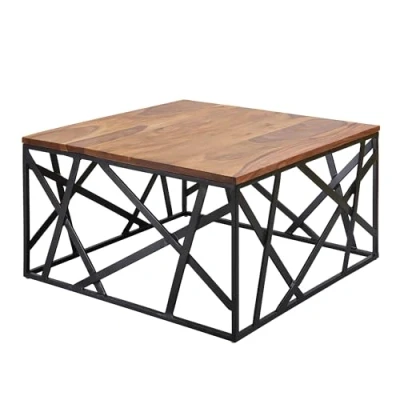 Abbildung von FineBuy Couchtisch BAKAL 60x35x60 cm Sheesham Massivholz/Metall Sofatisch, Design Wohnzimmertisch Industrial Style, Stubentisch braun/schwarz, Designer Kaffeetisch massiv, Tisch quadratisch