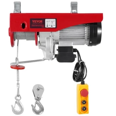 Abbildung von VEVOR Elektrische Seilwinde, 1200 kg Motorwinde mit 4,2 m kabelgebundener Fernbedienung, 12 Hubhöhe Einzelkabel, Einzel /Doppelschlingen, Not Aus, Hebezeug für Garage, Lager, Fabrik