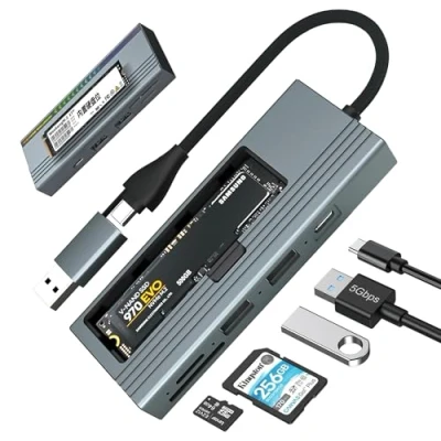 Abbildung von Reagle USB C Hub &amp; M.2 SSD Gehäuse mit 100W Power Delivery, 3.2 Gen 2, SD/microSD Kartenleser, Aluminiumgehäuse RGB LED, für NVMe SATA SSD, 10 Gbps Übertragung
