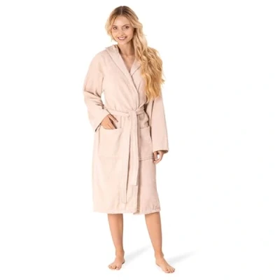 Abbildung von Bademantel Damen 100% Baumwolle (350g/m²) Oeko TEX® Zertifiziert Morgenmantel mit Kapuze, 2 Taschen, Gürtel Beige L