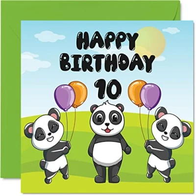 Abbildung von Geburtstagskarte zum 10. Geburtstag, Unisex, Panda Party, 145 mm x mm, niedliche Grußkarte für Sohn, Tochter, Bruder, Schwester, Enkelin, Nichte, Neffe