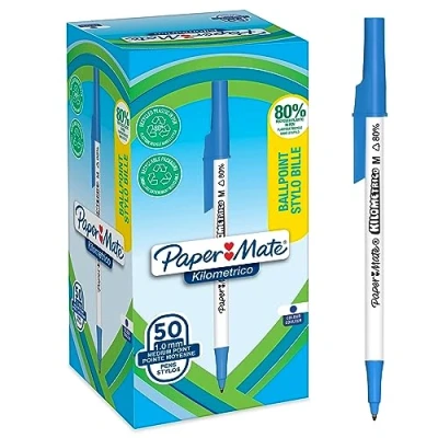 Abbildung von PAPER MATE Kilometrico Kugelschreiber lange Schreibdauer mit mittlerer Spitze (1,0 mm) blaue Tinte 80% recyceltes Plastik 50 Stück