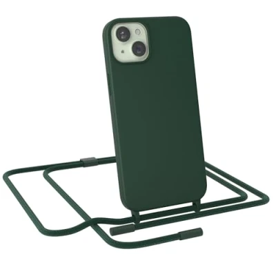 Abbildung von EAZY CASE Handykette kompatibel mit iPhone 15 Plus dünne Handyhülle für Hülle Band als Fallschutz Kette zum Umhängen stoßeste Silikon Mikrofaser in Pinien Grün