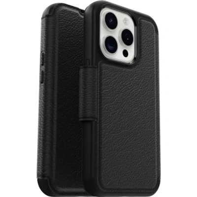 Abbildung von OtterBox Strada Hülle für iPhone 15 Pro MagSafe, stoßfest, sturzsicher,Premium Lederfolio mit zwei Kartenhaltern, 3x getestet nach Militärstandard, Schwarz, Keine Einzelhandelsverpackung