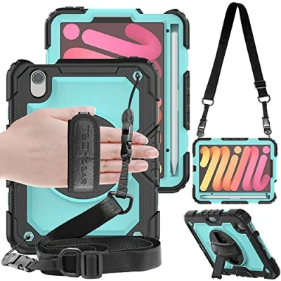 Abbildung von TECHGEAR Utility Hülle für iPad Mini 6 2021 6. Generation (8.3 Zoll) Robust Heavy Duty Stoßfeste Schutzhülle mit 360 Grad Schwenk ständer, Hand Schultergurt Eingebaut Bildschirm Aqua