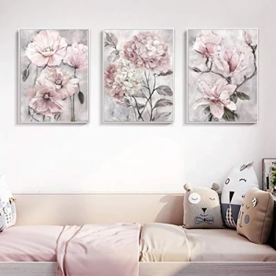 Abbildung von XIANGPEIFBH Blume Wandkunst Leinwand Malerei Rosa Grau Blumen Poster für Nordic Badezimmer Wohnzimmer Home Wanddekor Bilder 50x70cmx3pcs Ungerahmt