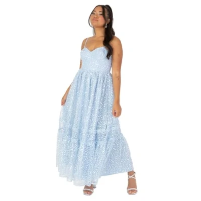 Abbildung von Maya Deluxe Damen Women&#039;s Ladies Midi Dress Sleeveless V Neck Cami Sequin Embellished Embroidered Ruffles for Wedding Guest Prom Ball Gown Kleid, Blue,