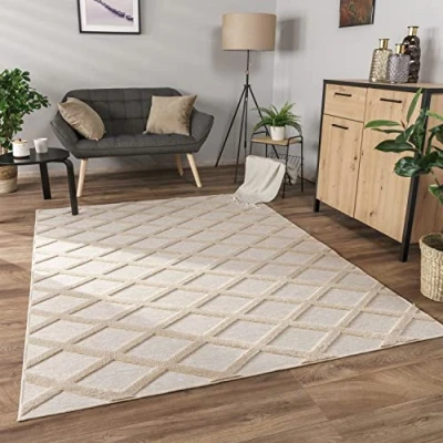 Abbildung von Paco Home Teppich Wohnzimmer Schlafzimmer Kurzflor Modernes Skandinavisches Muster Rauten Motiv Flauschig 3D Grau Anthrazit, Grösse:160x220 cm, Farbe:Beige