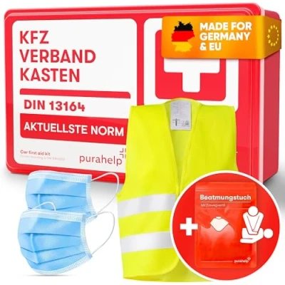 Abbildung von PURAHELP KFZ Verbandskasten DIN 13164 + Warnweste Auto Inkl. Beatmungstuch, 2x Klettstreifen Erste Hilfe Set 2025