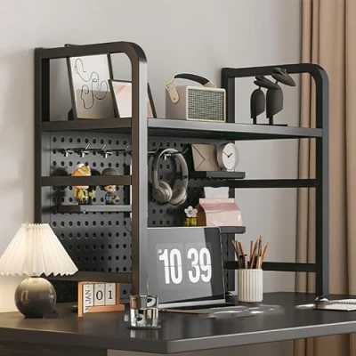 Abbildung von DYUNCZ Schreibtisch Regal, Aufsatzregal, Desk Shelf, Computer Bücherregal, Metall Ausstellungsständer, Freistehendes Bücherregal mit Lochplatte(55x20x68cm)