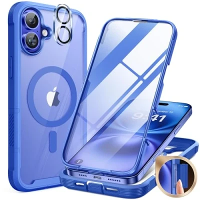 Abbildung von Miracase 360 Grad für iPhone 16 Hülle mit Magsafe, Eingebaut Glas Schutzfolie, Komplettschutz HandyHülle Magnetisch Stoßfest Case Schutzhüllen 6,1 Zoll, Blau