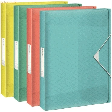 Abbildung von Esselte A4 Ablagebox, fasst 200 Blatt, 25 mm Rückenbreite, transparente Dokumentenaufbewahrungs Organisationsmappe zur Schreibtischorganisation, Colour&#039;Breeze Serie, Mehrfarbig, 626261