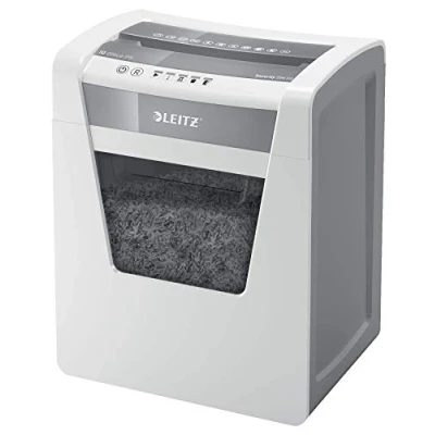Abbildung von Leitz IQ Office Aktenvernichter CH, Mikroschnitt, Sicherheitsstufe P5, 10 Blatt Kapazität, 23L Abfallbehälter, mit Schweizer Netzstecker, Weiß, 80022000