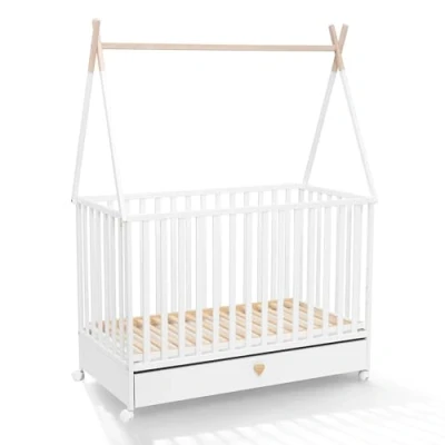 Abbildung von ATB MEBLE Babybett mit Schublade und Matratze Dreamy Kollektion Beistellbett Baby aus Holz Kinderbett DREI Ebenen der Matratzenhöhe Bett für Babyzimmer Hausbett Weiß