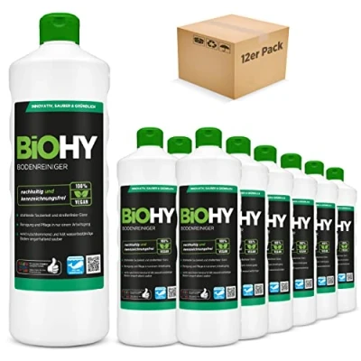 Abbildung von BiOHY Bodenreiniger (12 x 1 Liter) Konzentrat für alle Reinigungsgeräte und Hartböden angenehmer Geruch streifenfreie Reinigung ideal Laminat, PVC &amp; Stein Bio