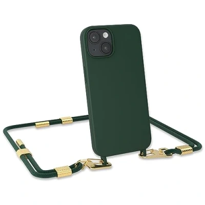 Abbildung von EAZY CASE Handykette Silikon mit Clips 2 in 1 kompatibel iPhone 14 Handyhülle Umhängeband, Handykordel Silikon, Hülle Band, Kette für Smartphone, Grün Gold
