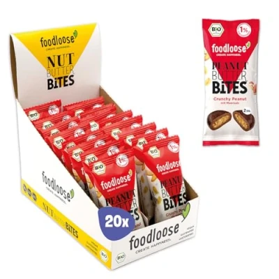 Abbildung von foodloose Bio Peanut Butter Bites Crunchy Leckerer Snack aus Datteln mit crunchiger Erdnussmus Füllung Vegan, Bio, glutenfrei &amp; ohne raffinierten Zucker Vorteilspack (20 x 40g)