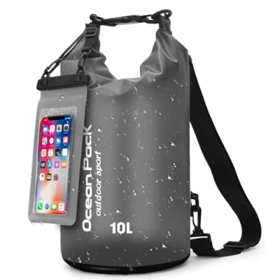 Abbildung von Dry Bag wasserdichte Tasche 5l 10l 15l 20l Liter Wasserfester Packsack Seesack Beutel Waterproof Drybag + Roll Top Schultergurt Schwimmen Baden Strand Kanu SUP Tauchen Handy (Schwarz, 10 L)