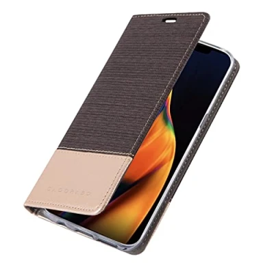 Abbildung von Cadorabo Hülle kompatibel mit Apple iPhone 13 Mini aus Premium Jeans und Kunst Leder Flip Klappbare Stoßfeste Magnetische [Standfunktion] [Kartenfächern] Cover für Tasche in Grau