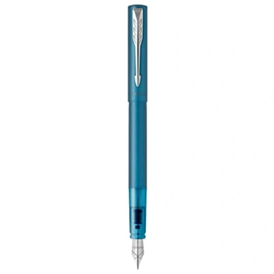 Abbildung von Parker Vector XL Füller Blaugrüne Metallic Lackierung auf Messing Füllfederhalter mit feiner Feder und blauer Nachfülltinte Geschenkbox