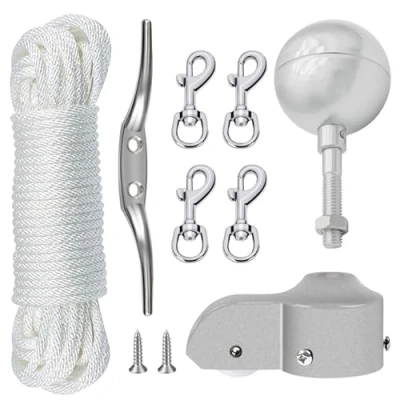 Abbildung von NQ Fahnenmast Zubehör Set,Fahnenmast Reparaturset,Fahnenmast Reparaturteile inkl.Kugel,Seil,Karabiner, Klampe,Topper aus Aluminium mit Seilrolle Flag Parts Kit(Silver)
