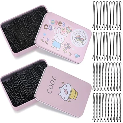 Abbildung von 400 Stk Haarnadeln, Metall Wellenform und flache Form Haarklammern, Schwarz Bobby Pins Haarnadel Set für Kinder Mädchen Haarzusätze Friseursalon, mit 2 Aufbewahrungsbox