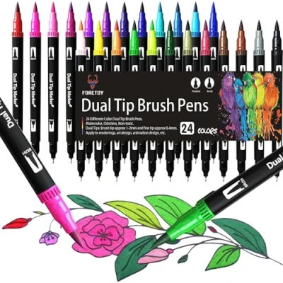 Abbildung von FORETOY Dual Brush Pen Set, 24 Farben Filzstifte Dicke und Dünne Pinselstifte Für Kinder Erwachsene Bullet Journal Stifte, Handlettering, Manga, Mandala, Malbücher, Fasermaler Fineliner