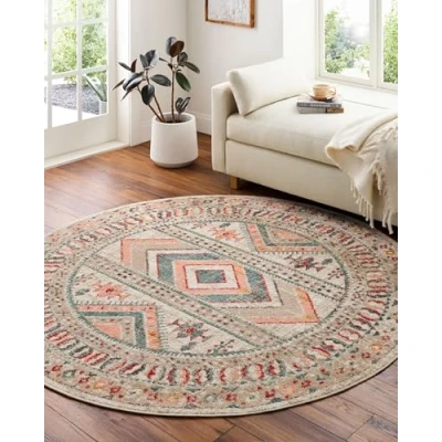 Abbildung von Surya Dublin Vintage Teppich orientalischer Wohnzimmer, Esszimmer, Schlafzimmer Boho Teppich, Kurzflor für einfache Pflege Groß 160x160cm in Rosa, Blau