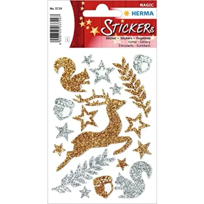 Abbildung von HERMA 3729 Aufkleber Waldtiere Glitzer klein groß, 17 Stück, Tiere Sticker mit Rentiere Eichhörnchen Motiv, Kinder Etiketten für Weihnachten Nikolaus Scrapbooking Geburtstag Deko Briefe DIY Basteln