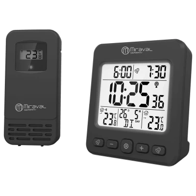 Abbildung von Miraval LCD Funkwecker mit Außensensor Wetterstation Datumsanzeige Funkuhr Kalender Datum 2 Alarme Snooze Funkwetterstation (Datumsanzeige, Funksignal, Temperaturanzeige, Aussensensor, AA Batterien, Schwarz, Großer Display, Funkwecker)