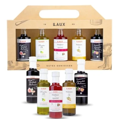 Abbildung von LAUX Essig Öl Geschenkbox 5 Sorten im Set: Olivenöl, Walnussöl, Balsam &amp; Aperitif für Salate Oder Herzhafte Gerichte Grill Geschenk Set Sie Ihn (5 x 40ml)