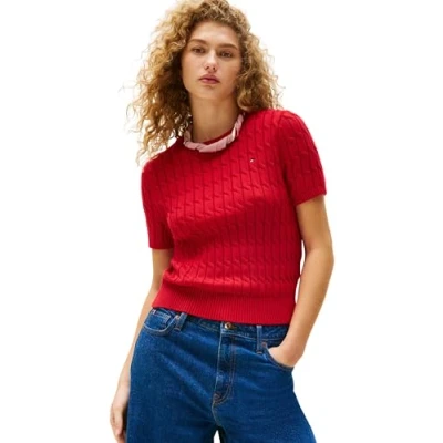 Abbildung von Tommy Hilfiger Kurzarmpullover &quot;CO CABLE MID GG S/S C NK SWT&quot;, mit Zopfmuster