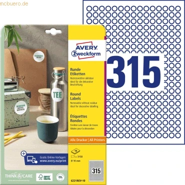 Abbildung von AVERY Zweckform 6221REV 10 runde Etiketten (3.150 Klebepunkte, Ø10mm auf A4, Aufkleber zum Bedrucken, wieder rückstandsfrei ablösbar/abziehbar, selbstklebende Marmeladenetiketten) Blatt, weiß
