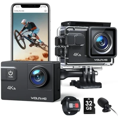 Abbildung von WOLFANG Action Cam,WiFi 4K 60 FPS Neue GA300 Actionkamera,8xZoom 24MP,Unterwasserkamera 40 Meter mi,Dual Mikrofonen,170 Weitwinkel Verbesserter,EIS 2.4 G Fernbedienung,2 x 1350 mAh Akkus,Touchscreen