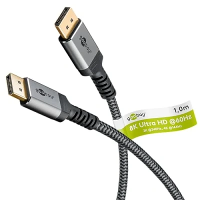 Abbildung von goobay 65264 Displayport Kabel 1.4 / Auflösung bis 8K@60Hz (UHD) 32,4 Gbit/s für Reduzierung von Übertragungsfehlern/Gaming &amp; Video Streaming/Vergoldete Stecker beugen Korrosion vor/Grau 1m