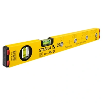 Abbildung von STABILA Elektriker Wasserwaage Type 70 Electric, 43 cm, leichtes Alu Profil, 1 Horizontal Libelle, Vertikal Markierlöcher, Made in Germany, Gelb