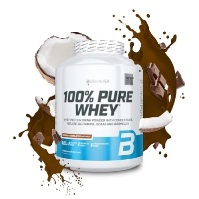 Abbildung von BioTechUSA 100% Pure Whey Proteinpulver mit BCAA und Glutamin Glutenfrei, Palmölfrei 21g Protein pro Portion, 2.27 kg, Kokosnuss Schokolade