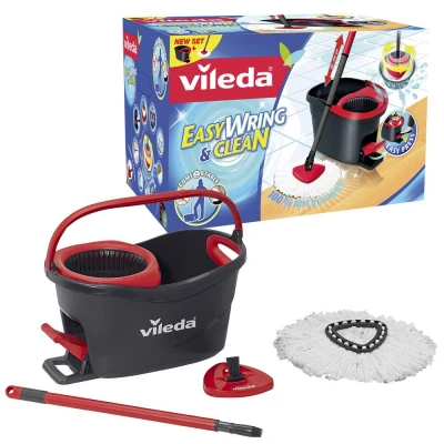 Abbildung von Vileda Easy Wring, Clean Spin Mop und Eimer Set mit Fußpedal, Teleskopstiel 85 125 cm, Bodenwischer drehbarem Auswringer, 2 in 1 Mikrofaser Moppkopf, Mehrfarbig, 163420