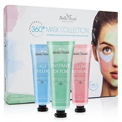 Abbildung von Belle Azul 360º Mask Collection 3 in 1 Gesichtsmasken Feuchtigkeitsspendend Reinigend und Faltenreduzierend Dreifache Wirkung Mit Sheabutter Parabenfrei / x 30 ml Made Spain