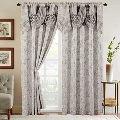 Abbildung von Elegant Comfort Vorhang Set in Jacquard Optik mit angenähtem Wasserfall Volant, (2er Set), 137,2 x 213,3 cm, Blattmuster, Silber