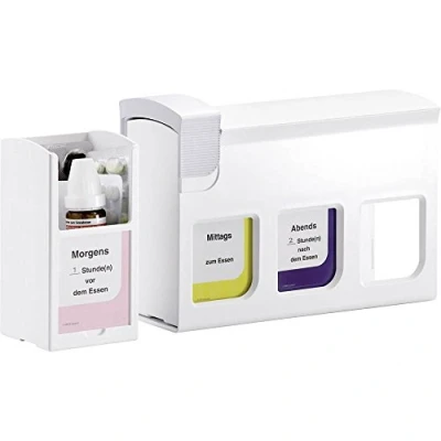 Abbildung von HAN Medikamentendosierer mediTimer Basismodul, erweiterbare Medikamentendose mit 3 separaten Fächern &amp; 2 Etikettenbögen, 78 x 200 133mm (BxTxH), weiß