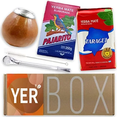 Abbildung von Yerba Mate Set Yerbox: Pajarito Traditional 250g und Taragui Becher (Kalebasse) aus Kürbis Edelstahl Bombilla Reinigungsbürste