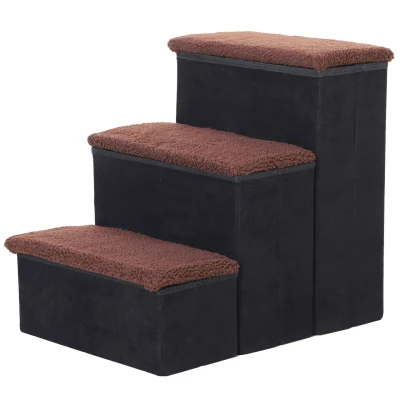 Abbildung von PawHut Haustiertreppe 3 Stufen Katzentreppe Hundetreppe (Haustierleiter, 1 St., Tiertreppe), Schwarz 40 x 54 48 cm