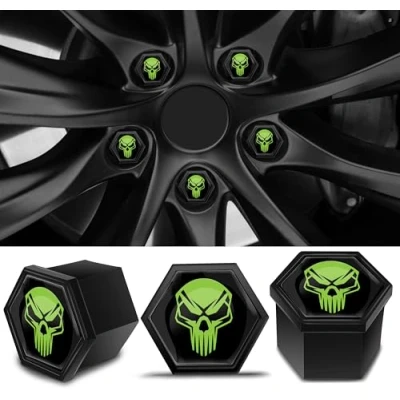 Abbildung von Biomar Labs Set mit 20 Stück Auto Radmutterkappen, Schraubenabdeckung, 19 mm, universal, Entfernungswerkzeug, Schwarz / Grün, Totenkopf, LC 11