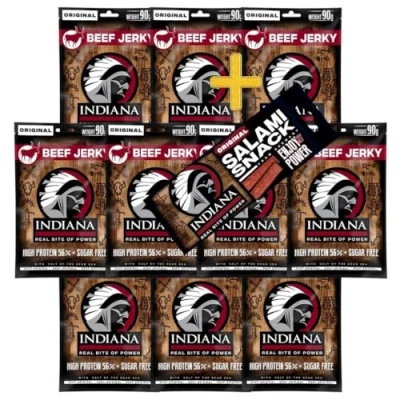 Abbildung von INDIANA Beef Jerky Trockenfleisch, High Protein, ohne Zuckerzusatz + Salami Snack 18g (10 x 90g, Original)