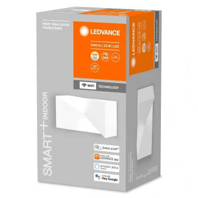 Abbildung von LEDVANCE ORBIS SWAN SMART+ Wi Fi Leuchte, dimmbare LED Wandleuchte für den Innenbereich, 23W, Farbtemperatur von 3000 6500K, 600 Lumen, bemalbare Oberfläche, rechteckige Form 30x15cm